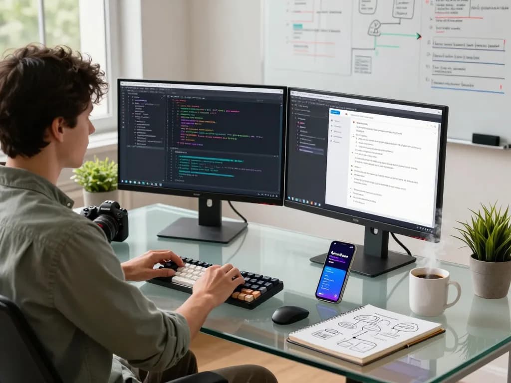 Moltbot developer at a modern workspace showcasing vibrant coding and AI workflows