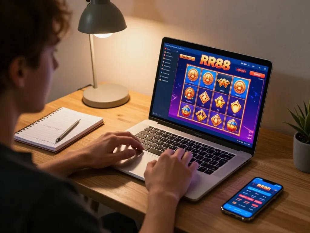 Engaging in online play at RR88 casino with vibrant games and cozy home setup.