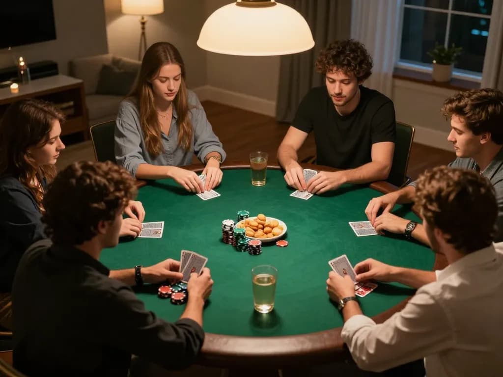 Friends enjoying a lively poker game at home while using vivu88 for strategic betting insights.