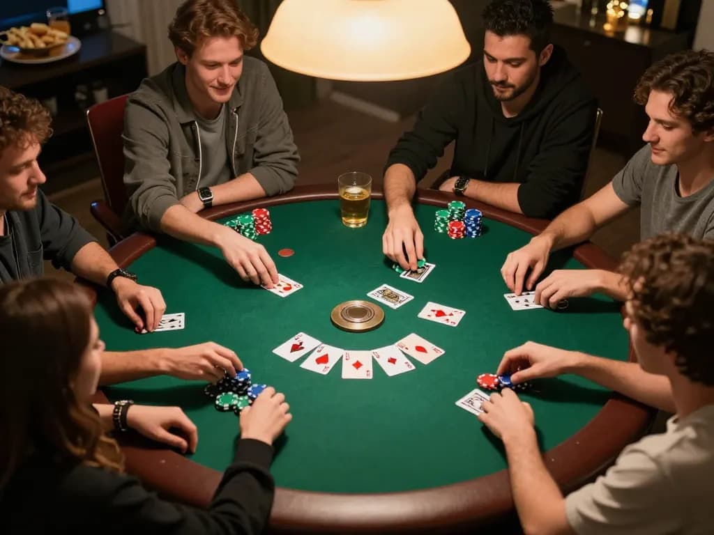 Players engaging in a home poker game with garuda slot strategy on the table, highlighting social entertainment.