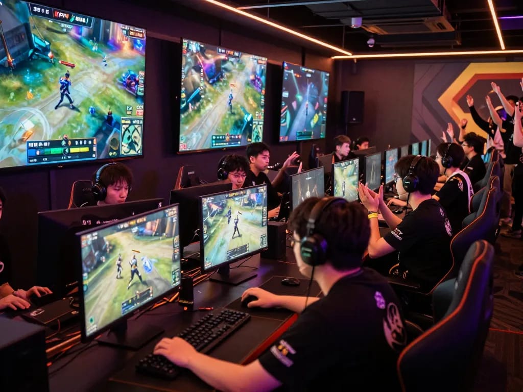 Gamers engaged in a competitive match at kpk100 esports arena, showcasing teamwork and excitement