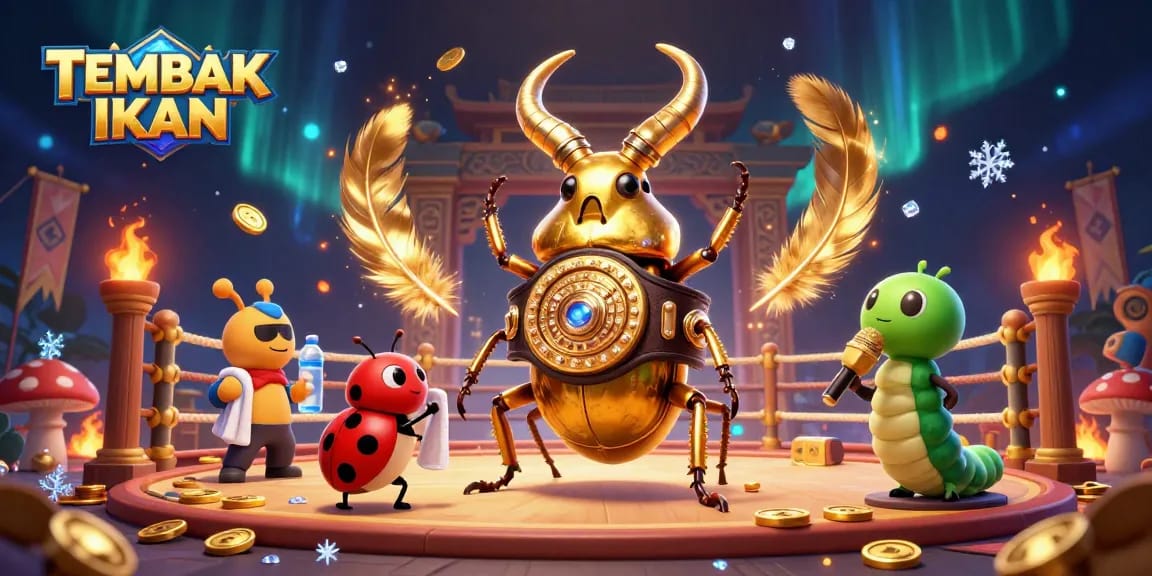 TEMBAK IKAN showcases a vibrant 3D scene with a giant stag beetle and ladybug, underlining thrilling fish-shooting gameplay action.
