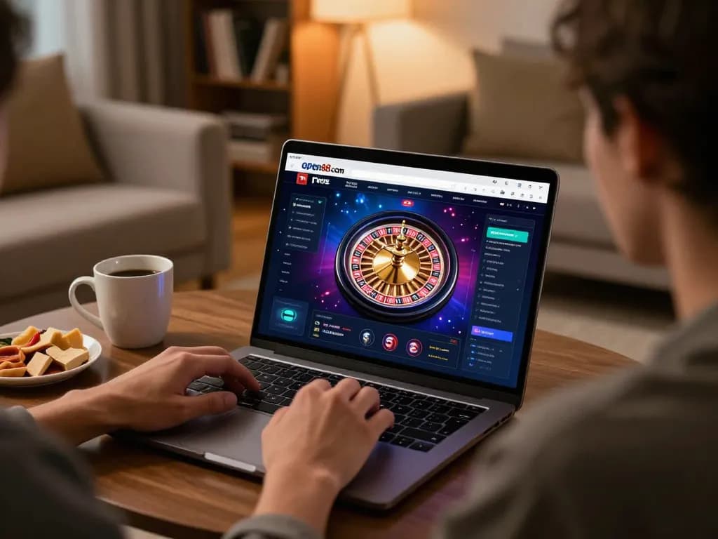 Engaged player enjoying open88 com on a laptop in a cozy home gaming setup.