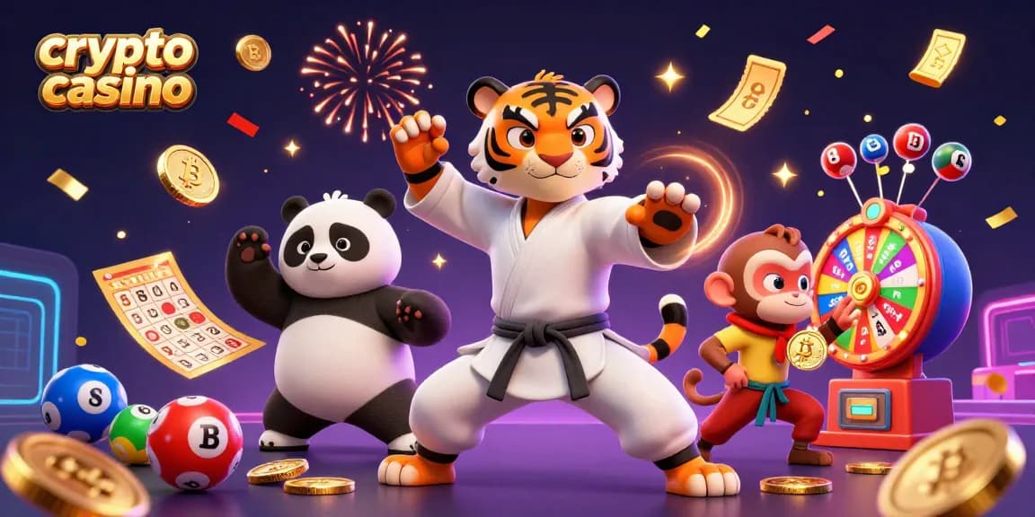 Jouez dans un crypto casino avec une scène animée de tigre kung fu, panda, et singe, entourés de pièces de cryptomonnaie et de jeux.