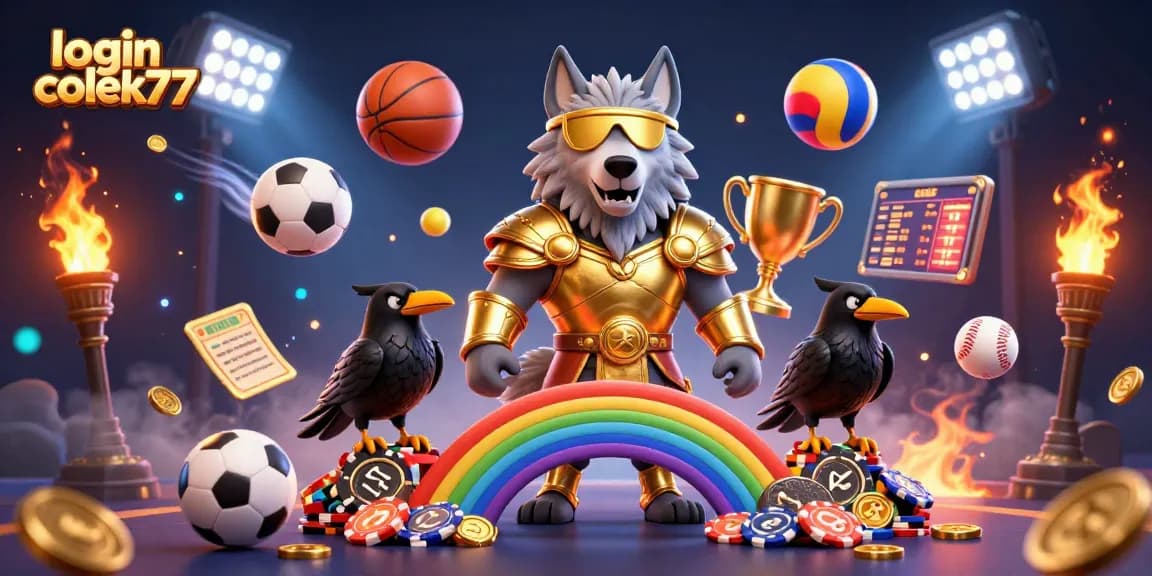 Engage in thrilling gameplay at login colek77 amidst dynamic casino atmosphere filled with sports balls and glowing elements.