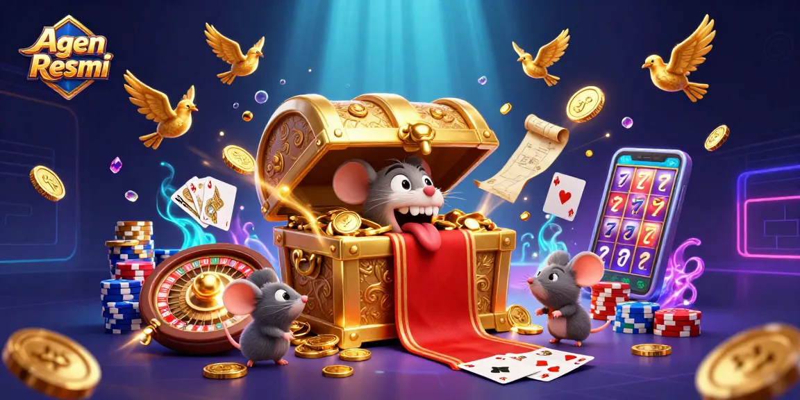 Agen Resmi features a vibrant 3D scene of a treasure chest and gaming elements attracting players.
