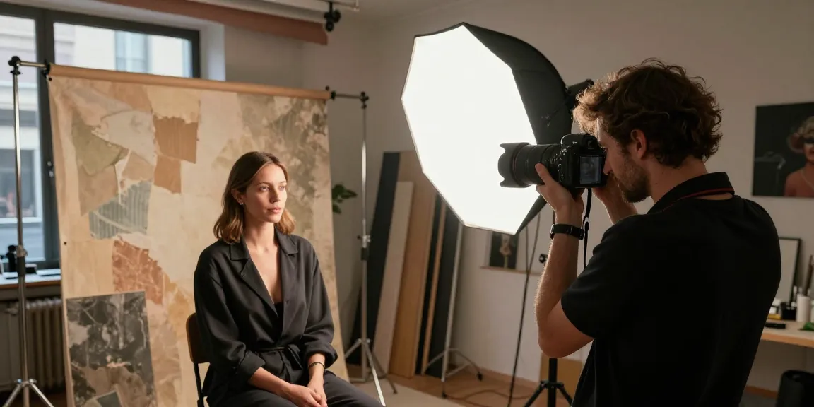 Fotografo di ritratto Milano mentre scatta un ritratto professionale in studio con luci soffuse e sfondi artistici.