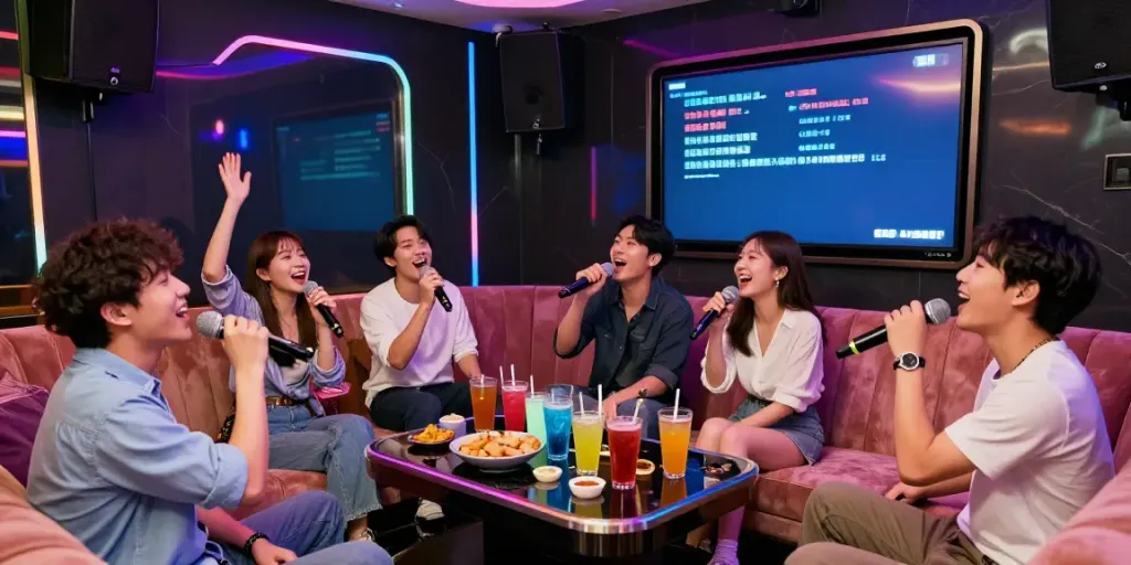 강남 달토 가라오케에서 친구들과 함께 노래 부르는 즐거운 장면
