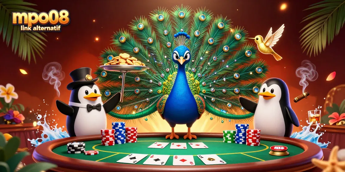 Playing at mpo08 link alternatif casino with vibrant peacock and golden chips in a dynamic scene