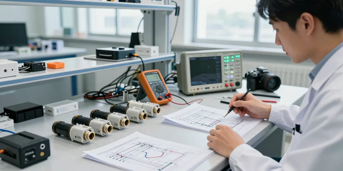 Technician examining IEC connectors in a modern workspace focused on power distribution.