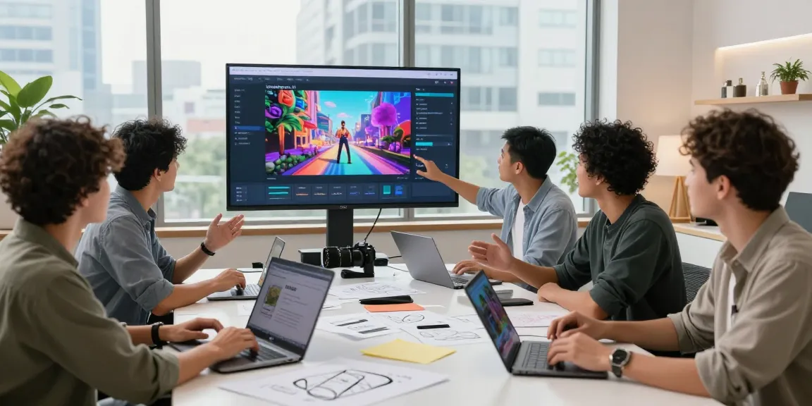 Team of creators using seedance ai in a modern workspace, showcasing vibrant AI-generated videos on a large screen.