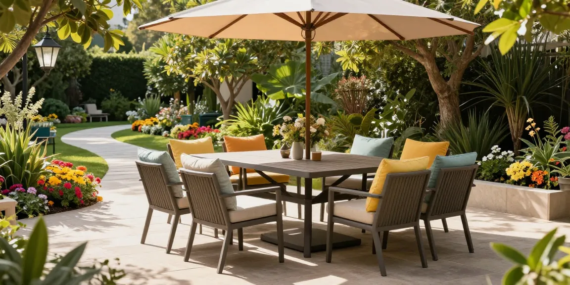 Elegant patio furniture sets arranged under a large umbrella in a serene garden.