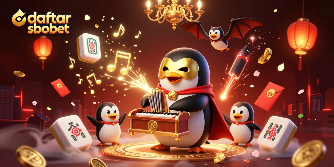 Experience daftar sbobet with a vibrant scene of a penguin playing an organ, releasing golden coins.