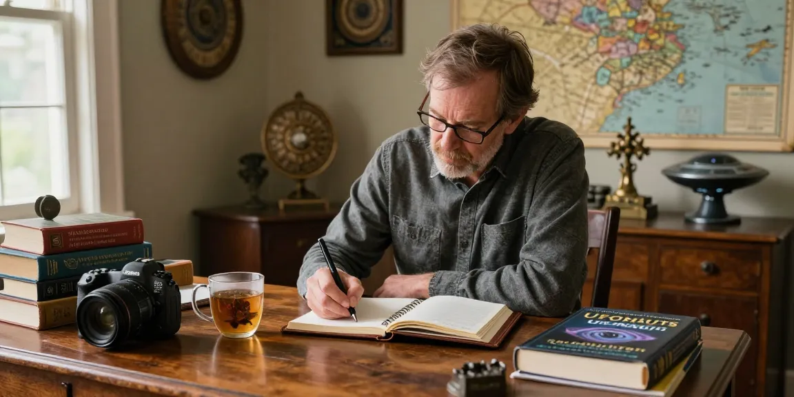 T. Allen Greenfield writing at a vintage desk, surrounded by books on spirituality and UFOs, reflecting on his award-winning work, with a warm and inviting atmosphere.
