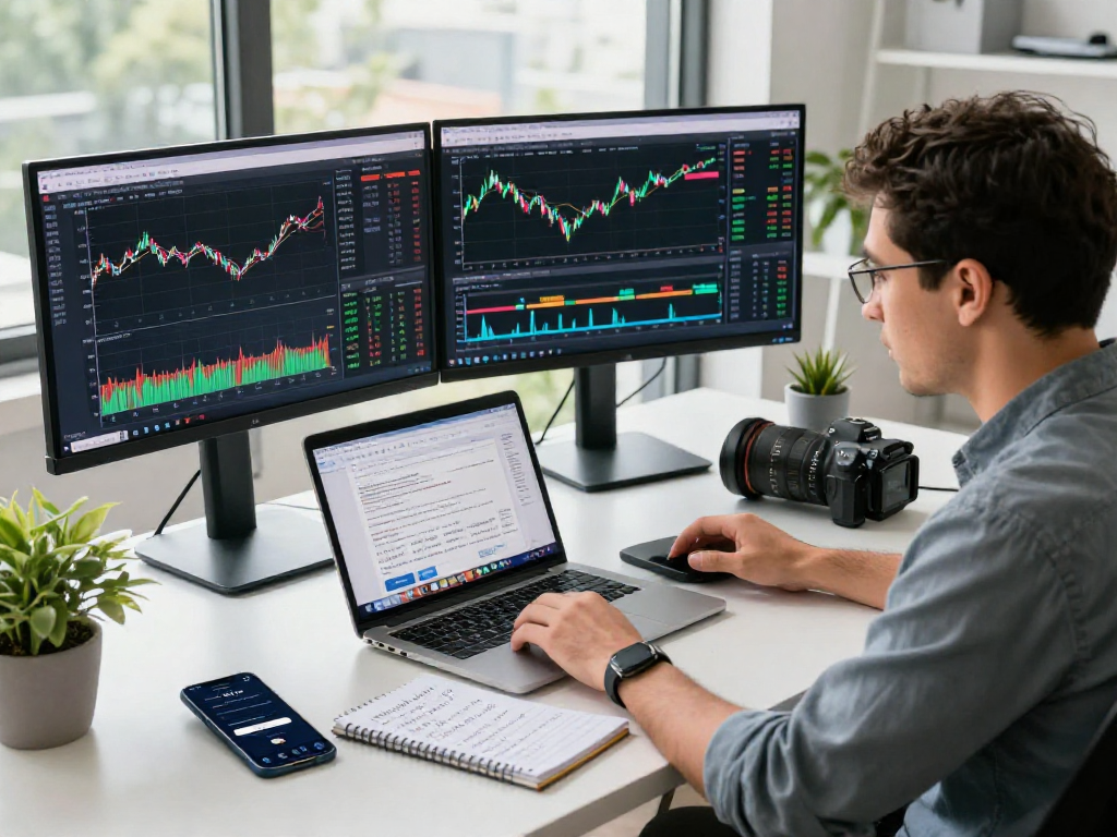 TradingView trader analyzing market data on multiple monitors in a professional workspace.