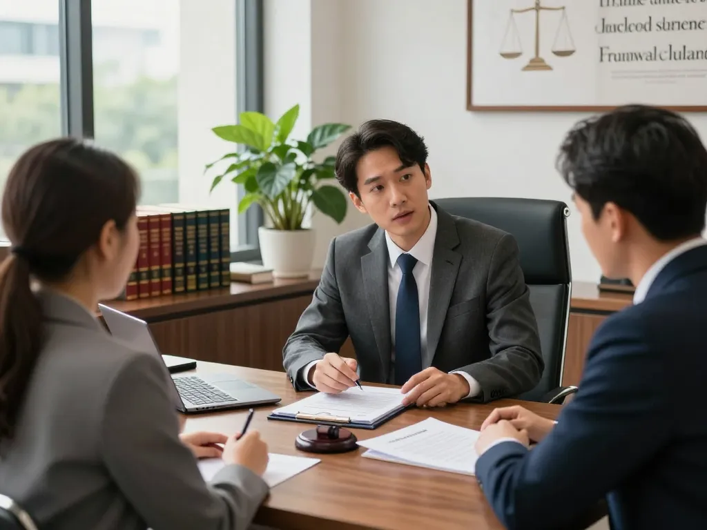 USA lawyers discussing legal strategies in a professional office setting with documents and law books.