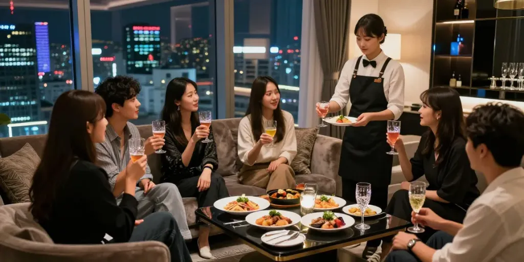 강남 구구단의 고급스러운 사적 공간에서 친구들이 음료를 즐기며 대화하는 모습