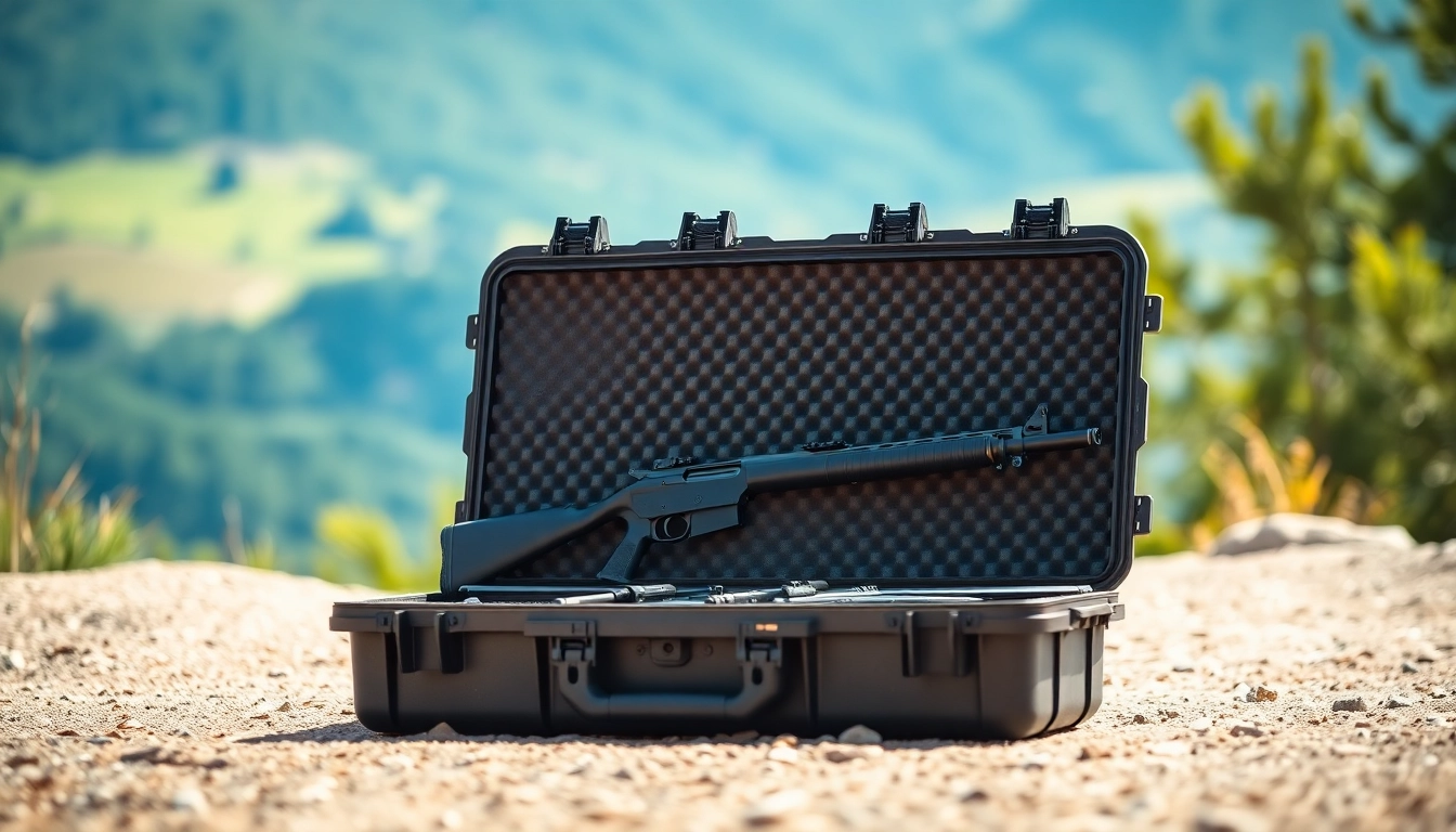 Showcase of a pelican gun case for sale, featuring a sleek design and neatly arranged rifles inside.