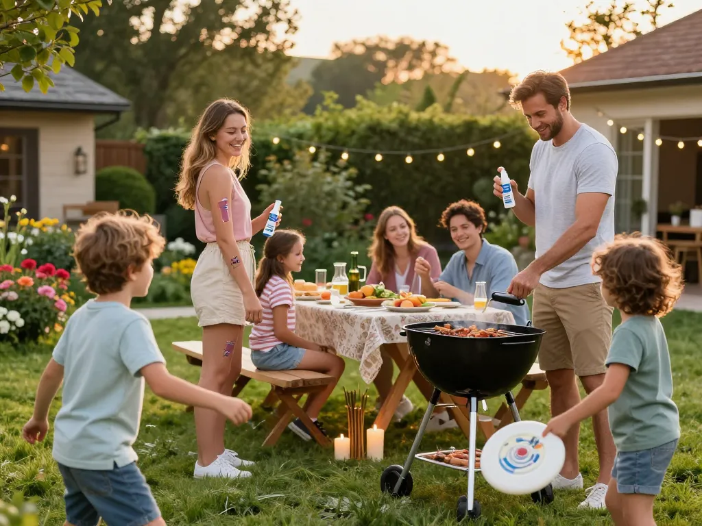 Group applying Best Mosquito Repellent while enjoying a summer barbecue outdoors with friends and family.