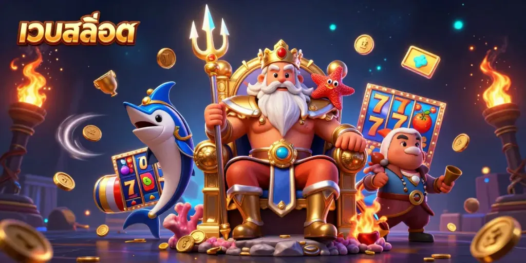 Engaging illustration of เว็บสล็อต featuring Neptune, samurai, and vibrant slot game elements.