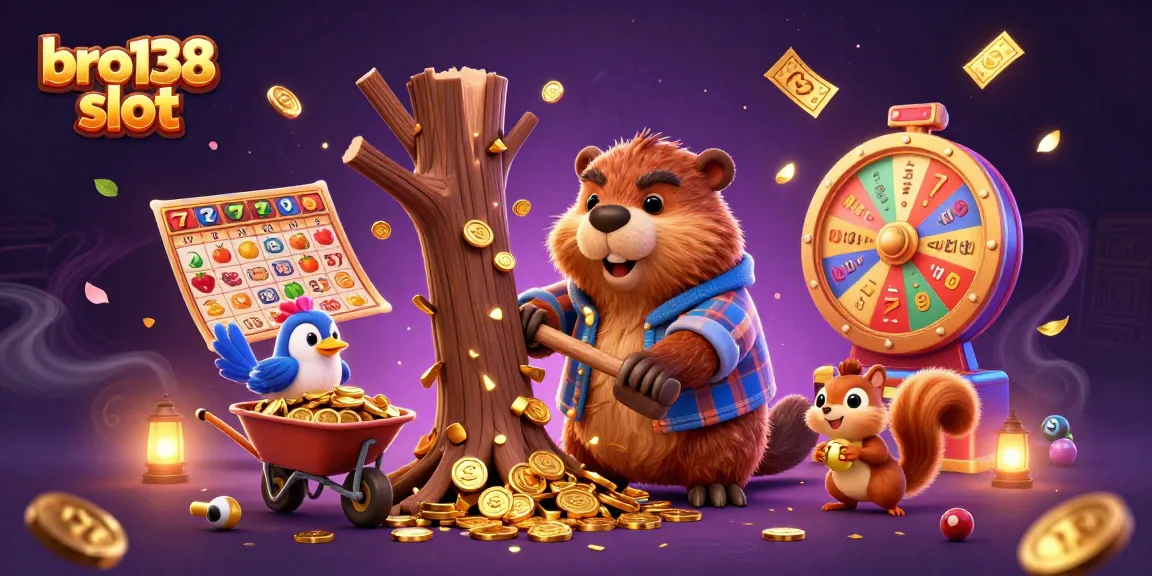 Experience bro138 slot excitement with a lively 3D illustration featuring a lumberjack beaver and vibrant game elements.