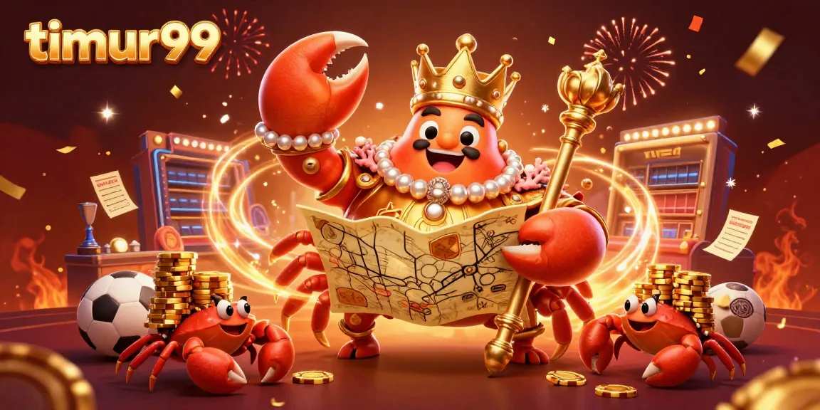 Experience the exciting world of timur99 with a vibrant sports betting scene featuring a golden crab emperor and festive elements.