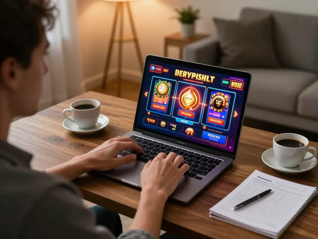 Engaging in online slot games with 789win, showcasing vibrant graphics and a cozy gaming setup.