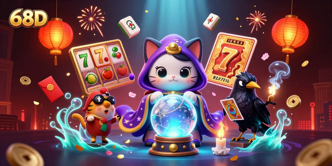 Bet on luck with 68D in this vibrant casino scene featuring mystic characters and slot elements.