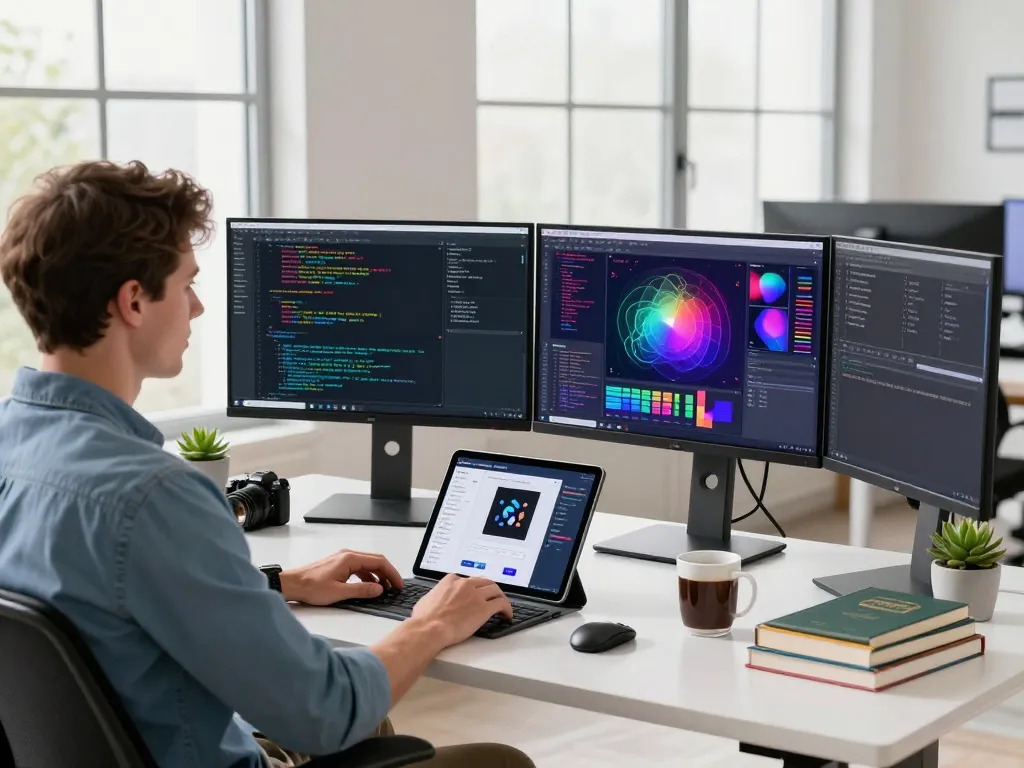 Developer utilizing an image to prompt generator in a modern workspace with dual monitors and coding activities.