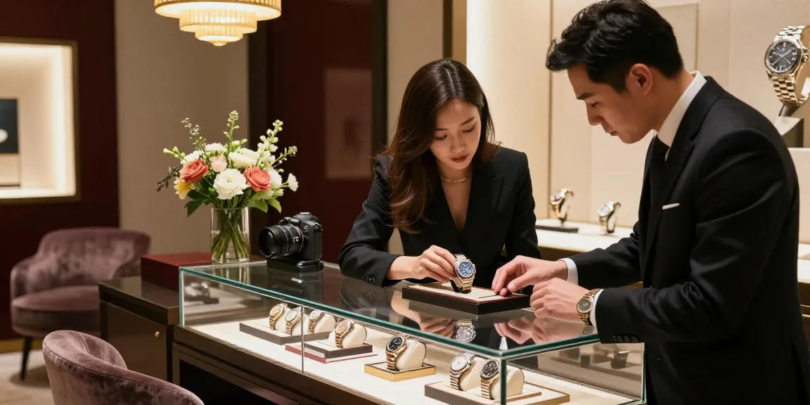 Luxury shopping experience for rolex super clone watches in an elegant boutique.