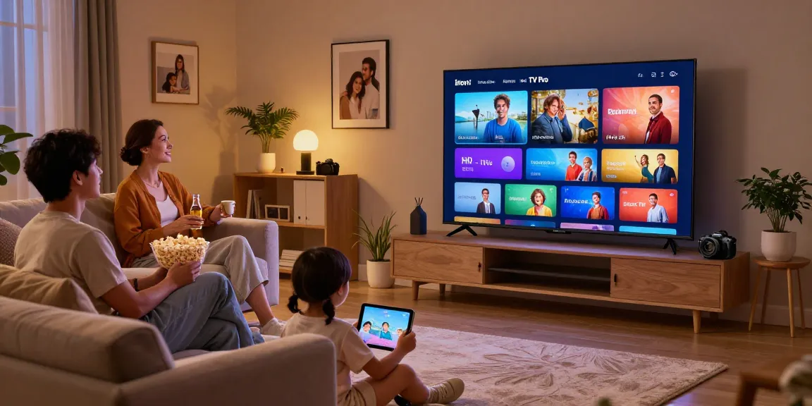 Family enjoying movies with Iron TV Pro in a cozy living room setting, showcasing premium streaming.