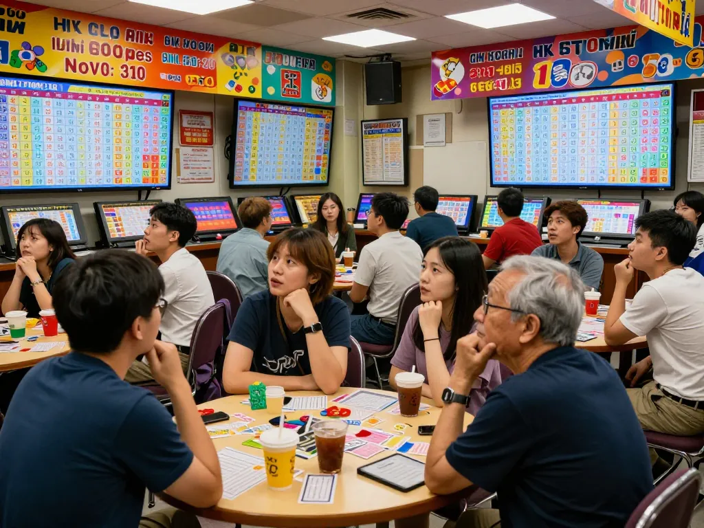 Exciting HK lottery players await live draw results in a vibrant gaming hall.