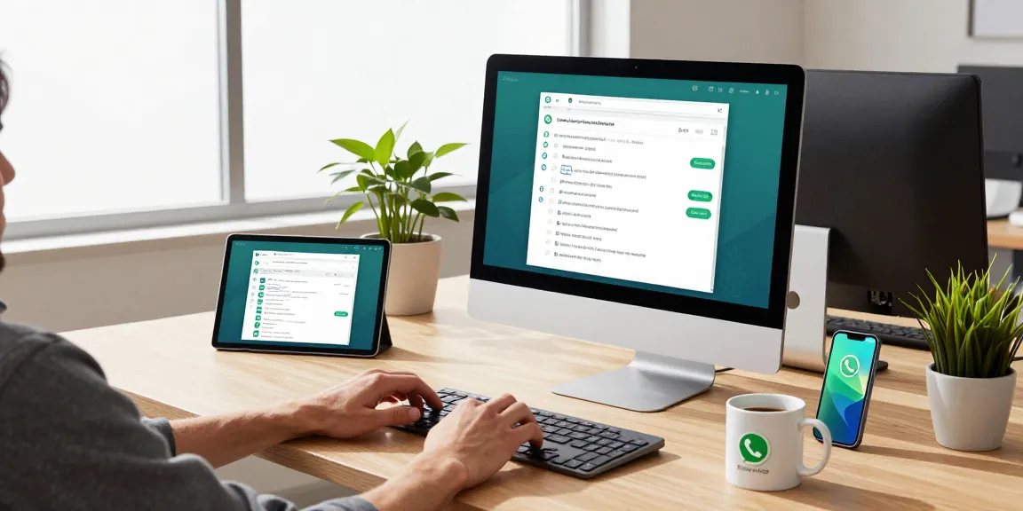 Professional using WhatsApp網頁版 on desktop computer in modern office, showcasing vibrant tech environment.