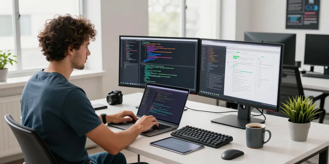 Developer coding in a modern workspace, showcasing 纸飞机中文版 software tools and productivity elements.