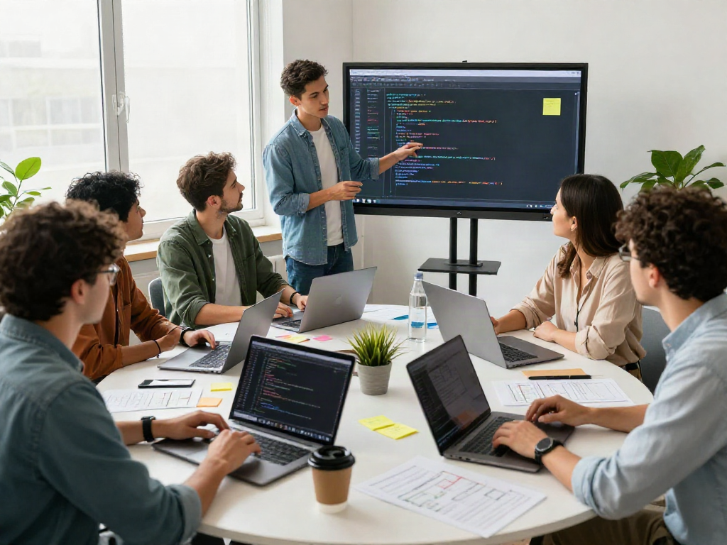Developers collaborating in a bright workspace, showcasing bro138 technology insights and innovation