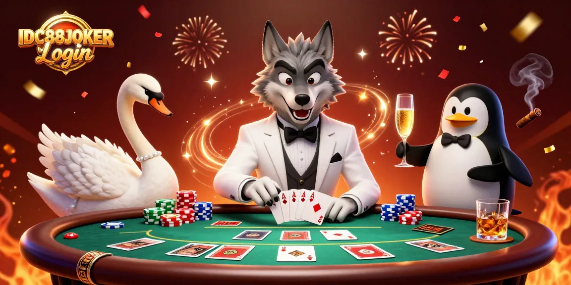 Experience thrilling gameplay at IDC88JOKER Login with an immersive casino illustration featuring vibrant characters and elements.