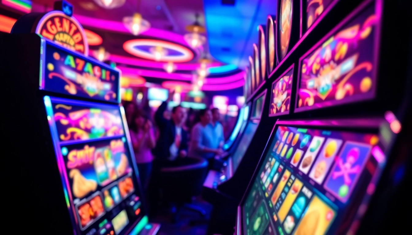 Engaging scene of jam gacor slot machines in a vibrant casino, showcasing excitement and colorful graphics.