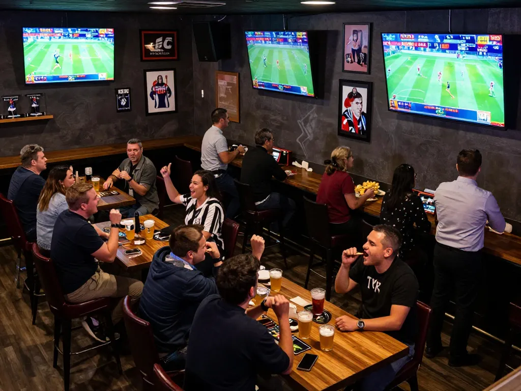O8 gamblers placing bets enthusiastically at a busy sports bar during live game screening