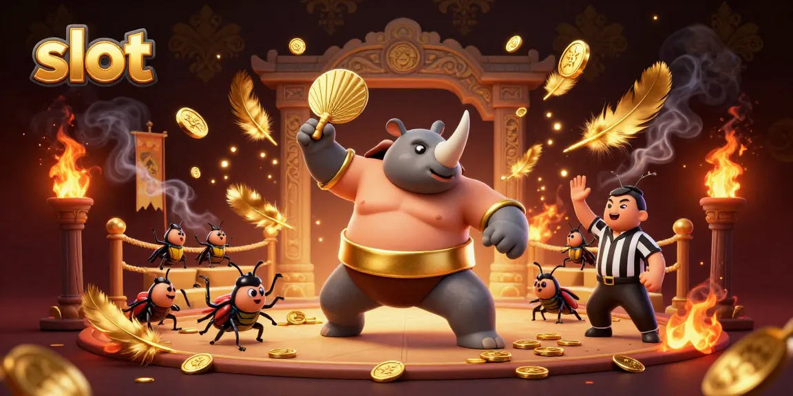 Experience thrilling slot action with vibrant 3D beetle champions battling amidst dazzling gold.