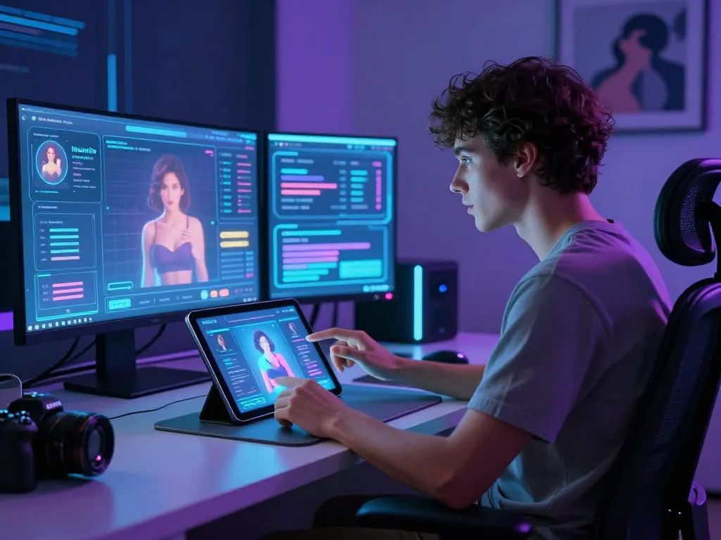 Person exploring ai sex technology at a high-tech workstation with interactive AI displays.