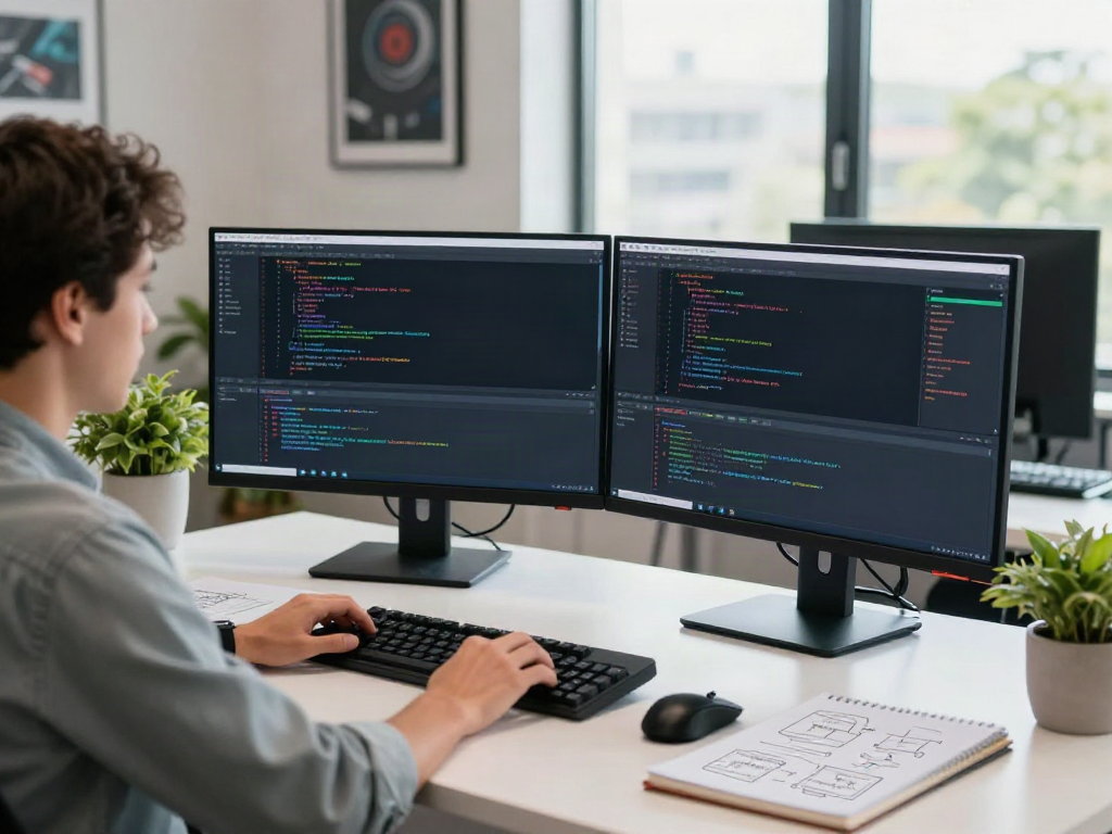 v2rayN官网 software development workspace with code on dual monitors and a creative setup.