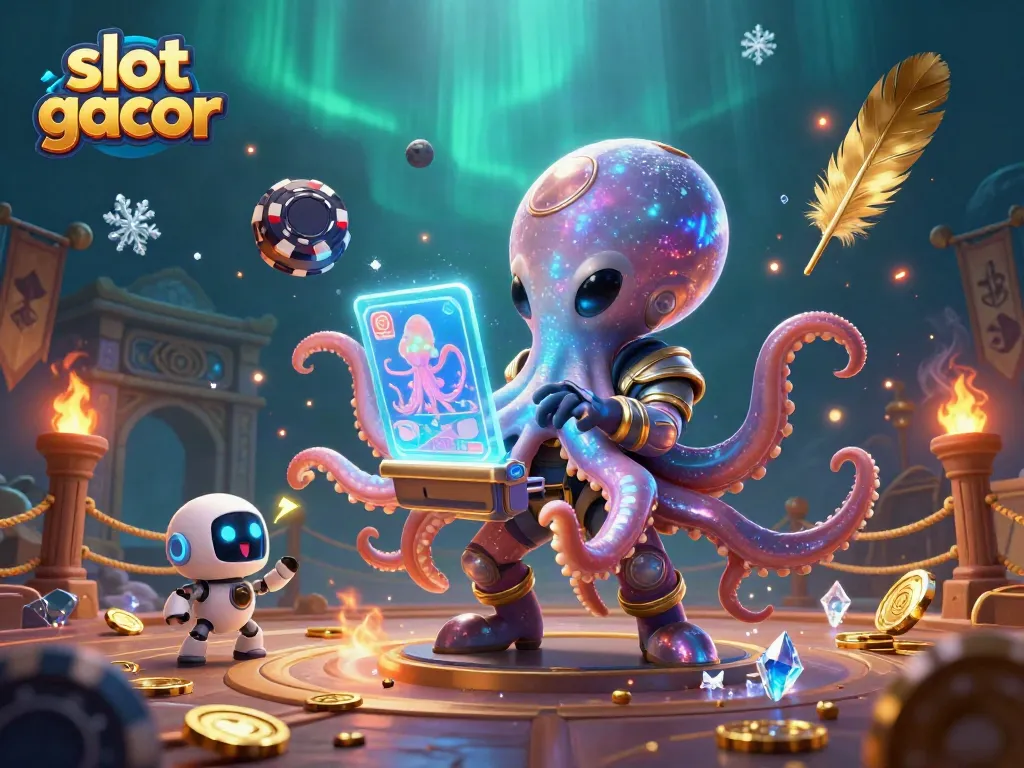 Play exciting slot gacor with an alien octopus and vibrant casino elements in a cosmic setting.