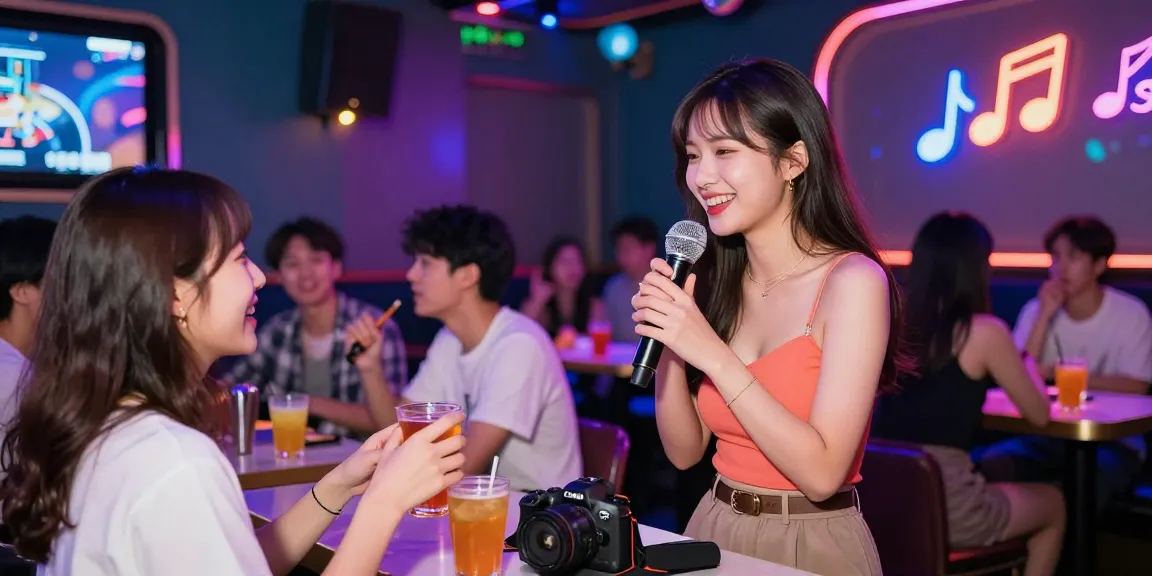 밤알바란을 통해 즐거운 분위기에서 일하는 여성을 보여주는 노래방 풍경