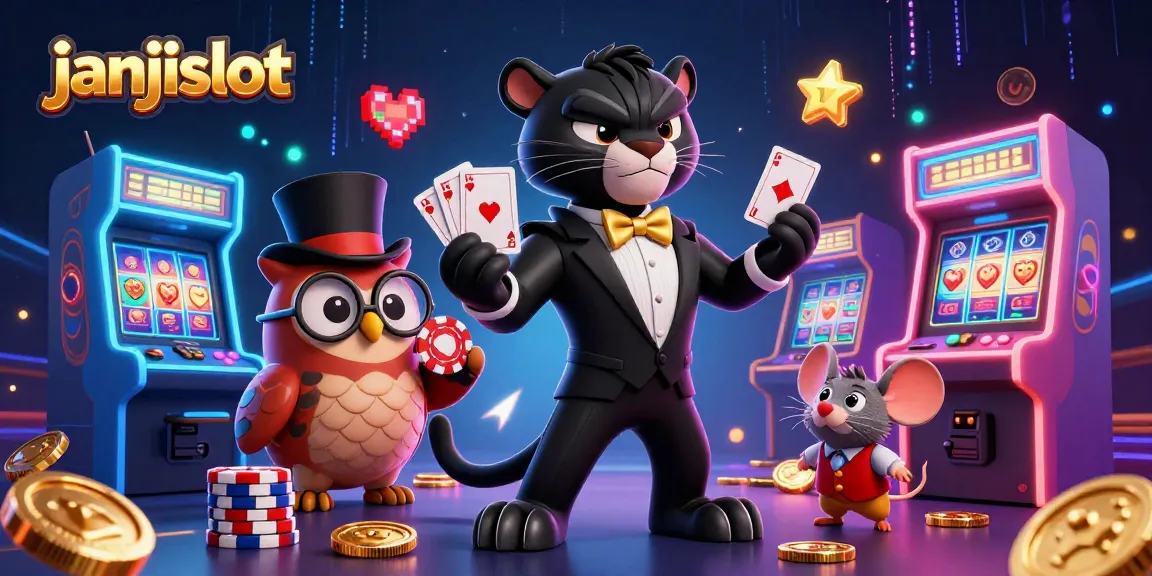 Join the excitement at janjislot with a stylish panther dealing cards in a vibrant casino scene.