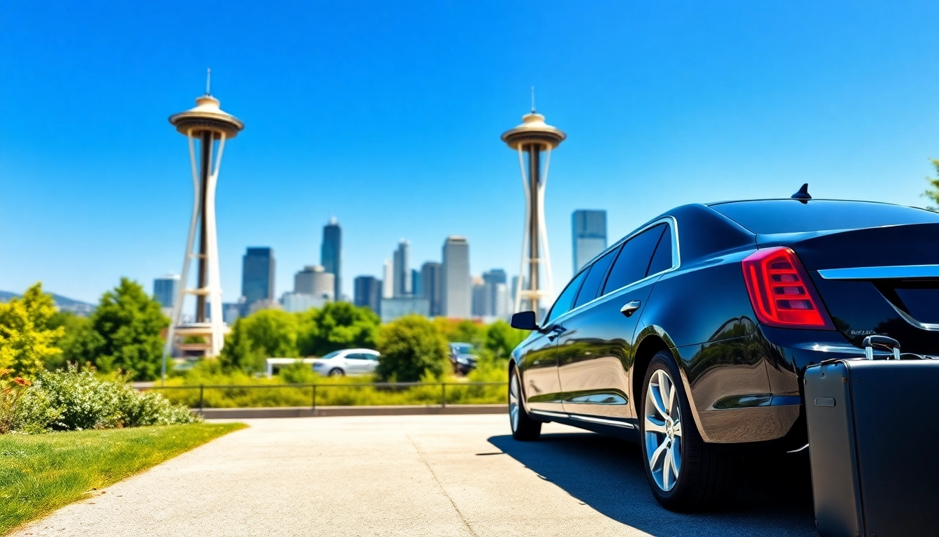Experience car service from vancouver to seattle with a luxurious limousine parked against the Seattle skyline.