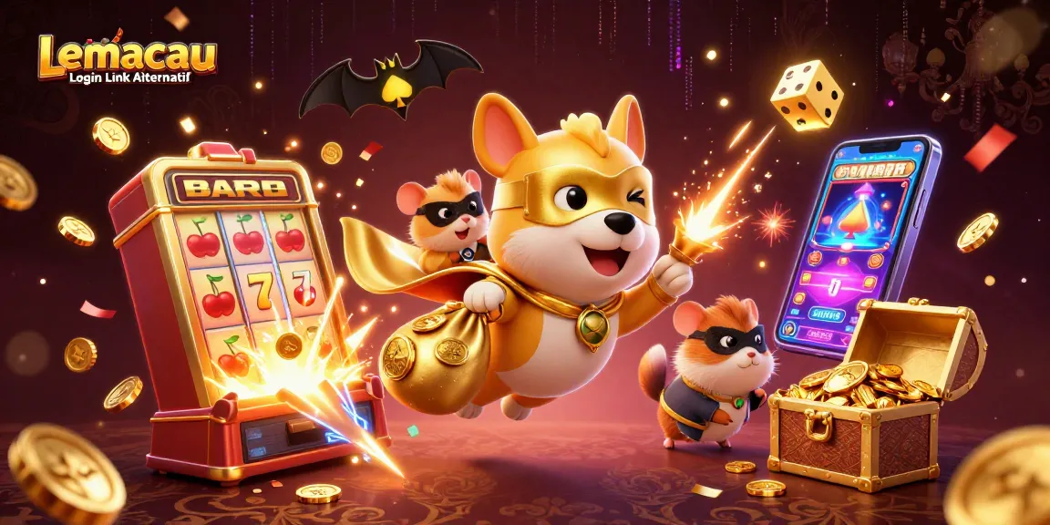 Experience the thrill with Lemacau Login Link Alternatif, featuring exciting casino symbols and characters.