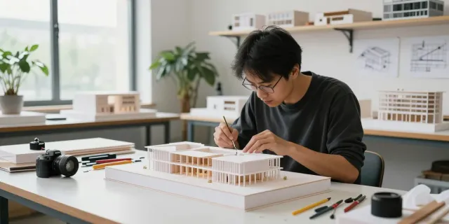 Architectural model maker Austria creating a detailed model in a bright studio.
