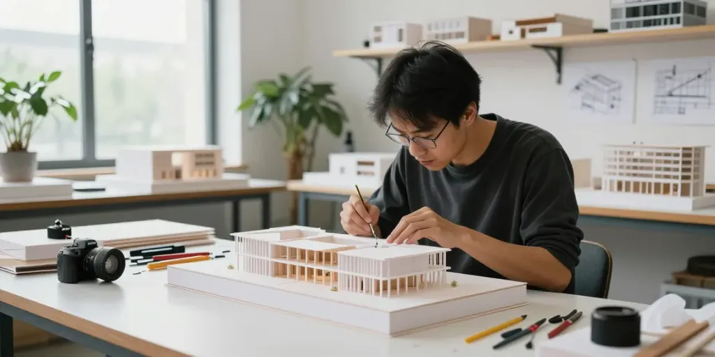 Architectural model maker Austria creating a detailed model in a bright studio.