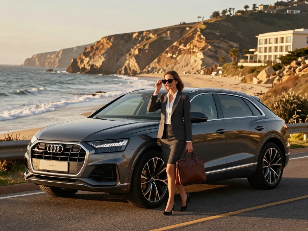 Cảnh biển tuyệt đẹp với cho thuê xe ô tô hạng sang cùng Audi Q8, thể hiện một nữ doanh nhân tự tin bước ra.