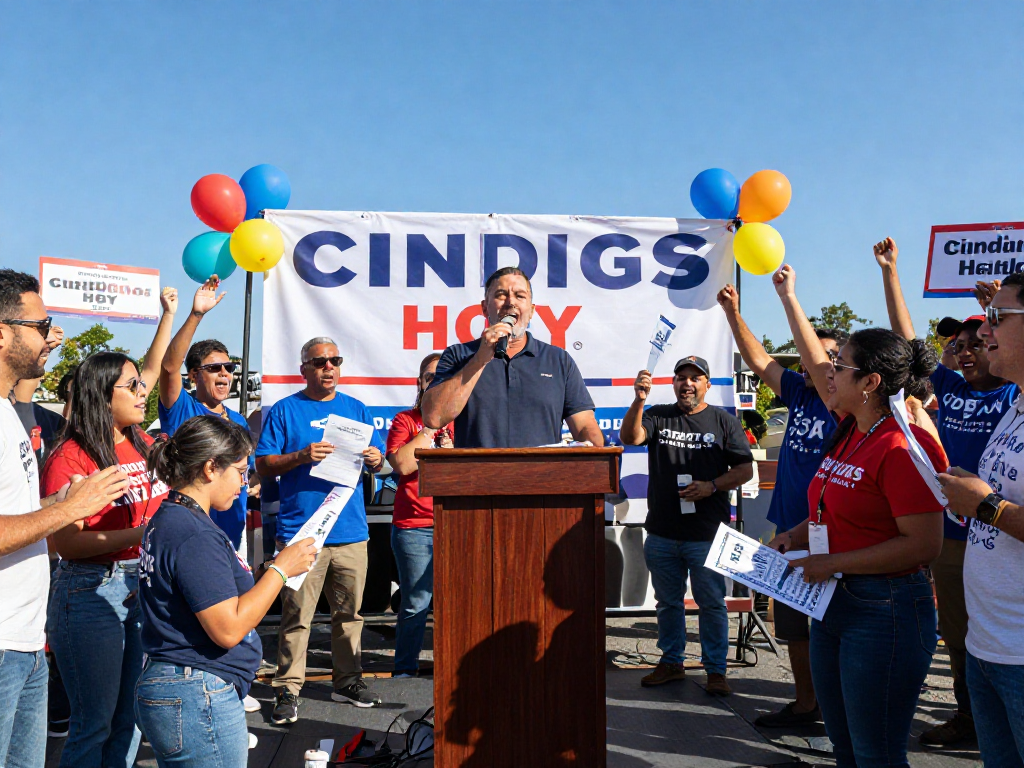 Engaged crowd at a political rally, supporting text to donate for campaigns.